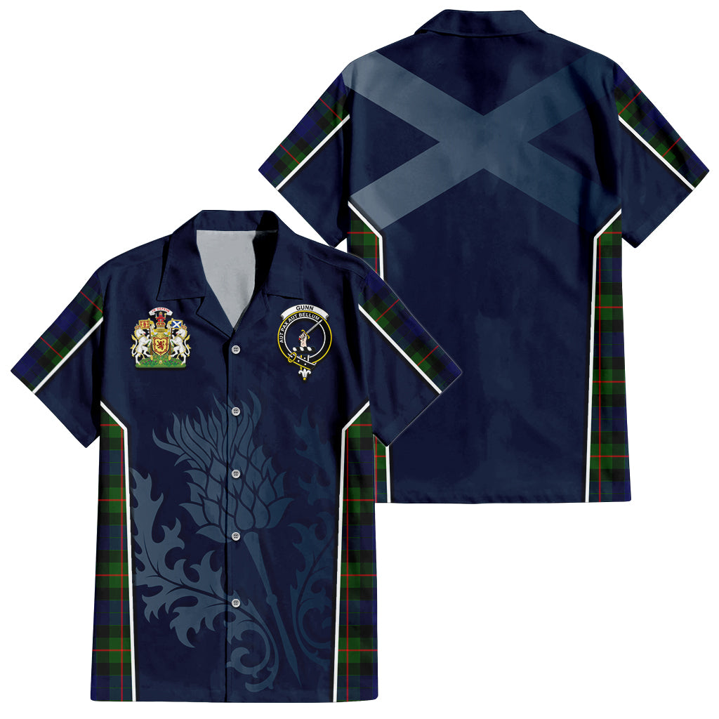 Tartan Vibes Clothing Gunn Modern Tartan Short Sleeve Button Up Shirt with Family Crest and Scottish Thistle Vibes Sport Style