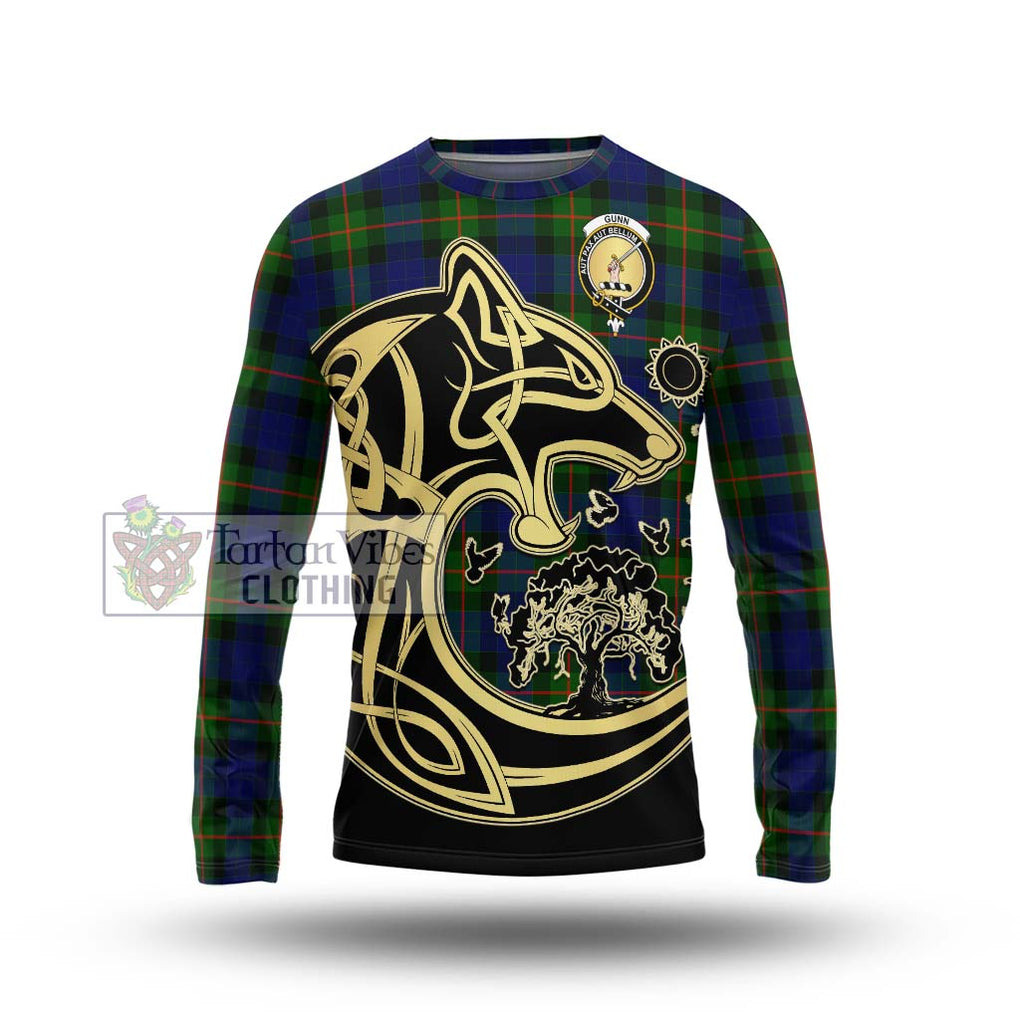 Gunn Modern Tartan Long Sleeve T-Shirt with Family Crest Celtic Wolf Style Unisex - Tartan Vibes Clothing