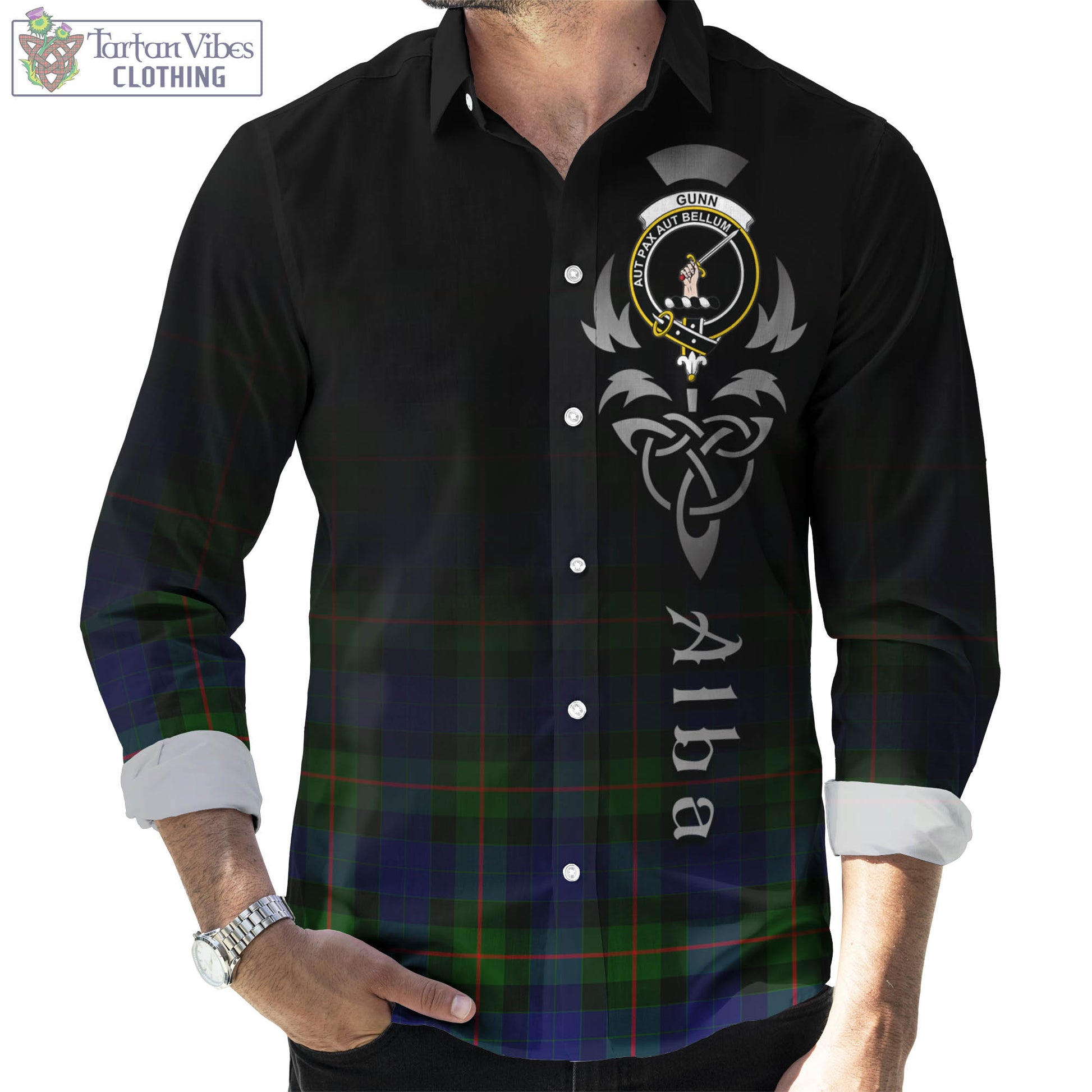 Tartan Vibes Clothing Gunn Modern Tartan Long Sleeve Button Up Featuring Alba Gu Brath Family Crest Celtic Inspired