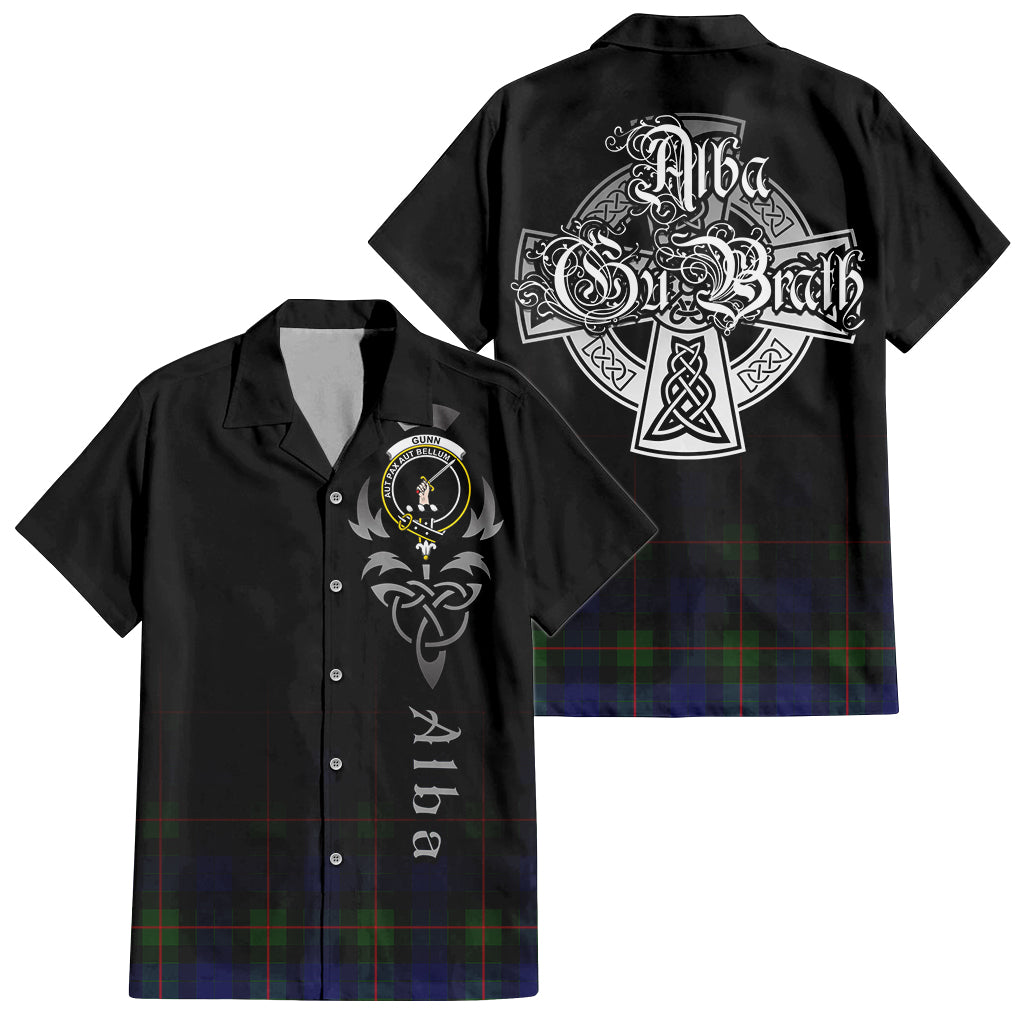 Tartan Vibes Clothing Gunn Modern Tartan Short Sleeve Button Up Featuring Alba Gu Brath Family Crest Celtic Inspired