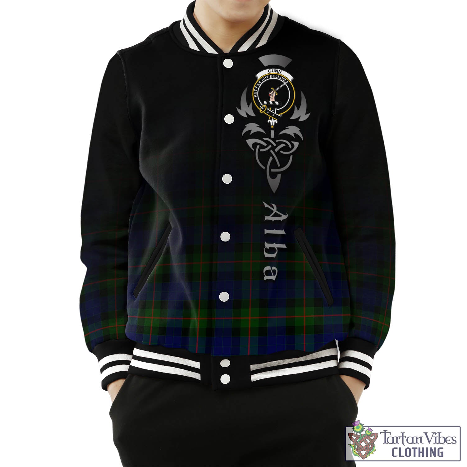 Tartan Vibes Clothing Gunn Modern Tartan Baseball Jacket Featuring Alba Gu Brath Family Crest Celtic Inspired