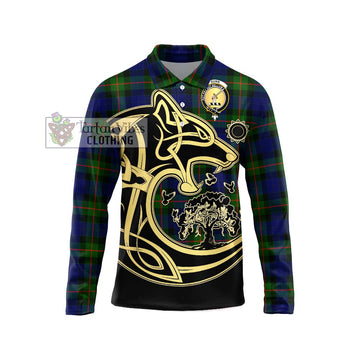 Gunn Modern Tartan Long Sleeve Polo Shirt with Family Crest Celtic Wolf Style