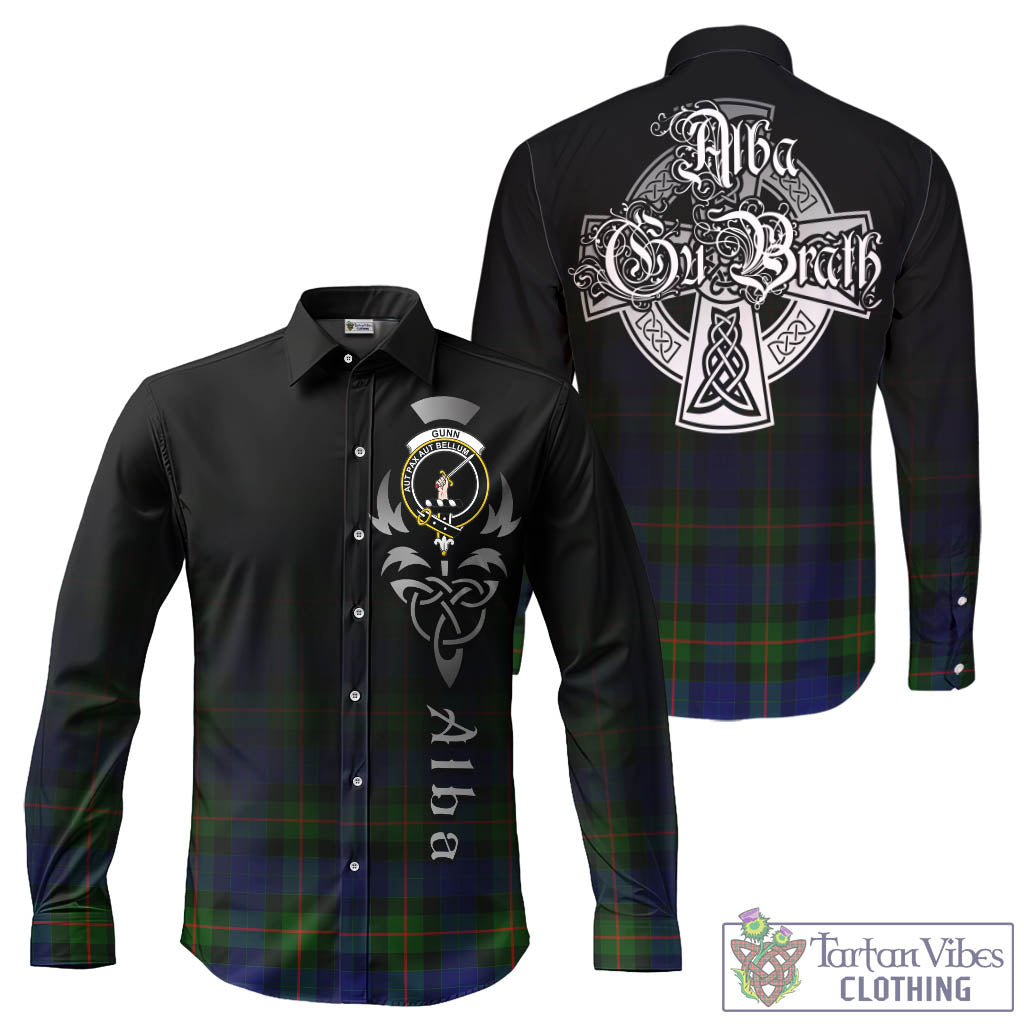 Tartan Vibes Clothing Gunn Modern Tartan Long Sleeve Button Up Featuring Alba Gu Brath Family Crest Celtic Inspired