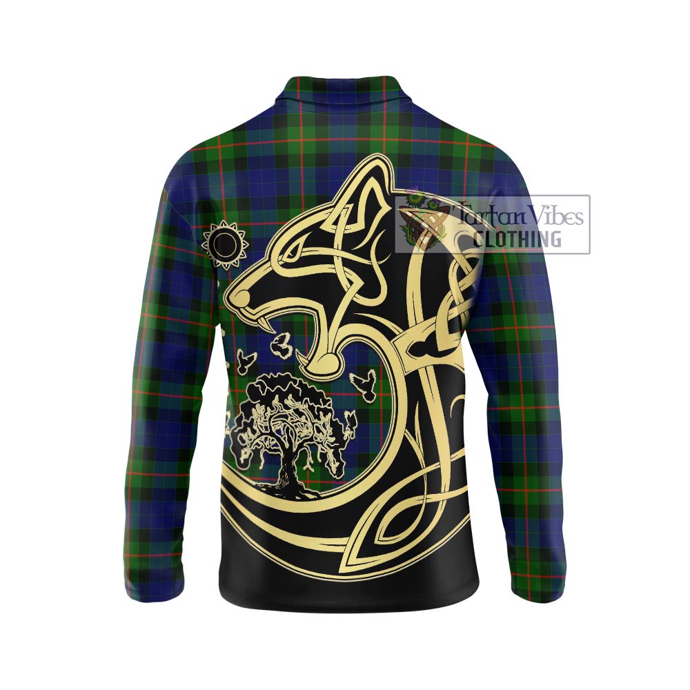 Gunn Modern Tartan Long Sleeve Polo Shirt with Family Crest Celtic Wolf Style - Tartanvibesclothing Shop