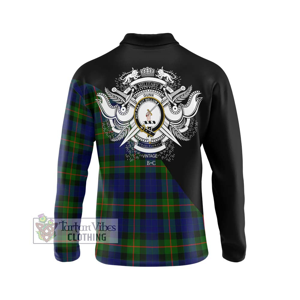 Gunn Modern Tartan Long Sleeve Polo Shirt with Family Crest and Military Logo Style - Tartanvibesclothing Shop