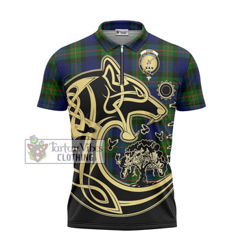 Gunn Modern Tartan Zipper Polo Shirt with Family Crest Celtic Wolf Style