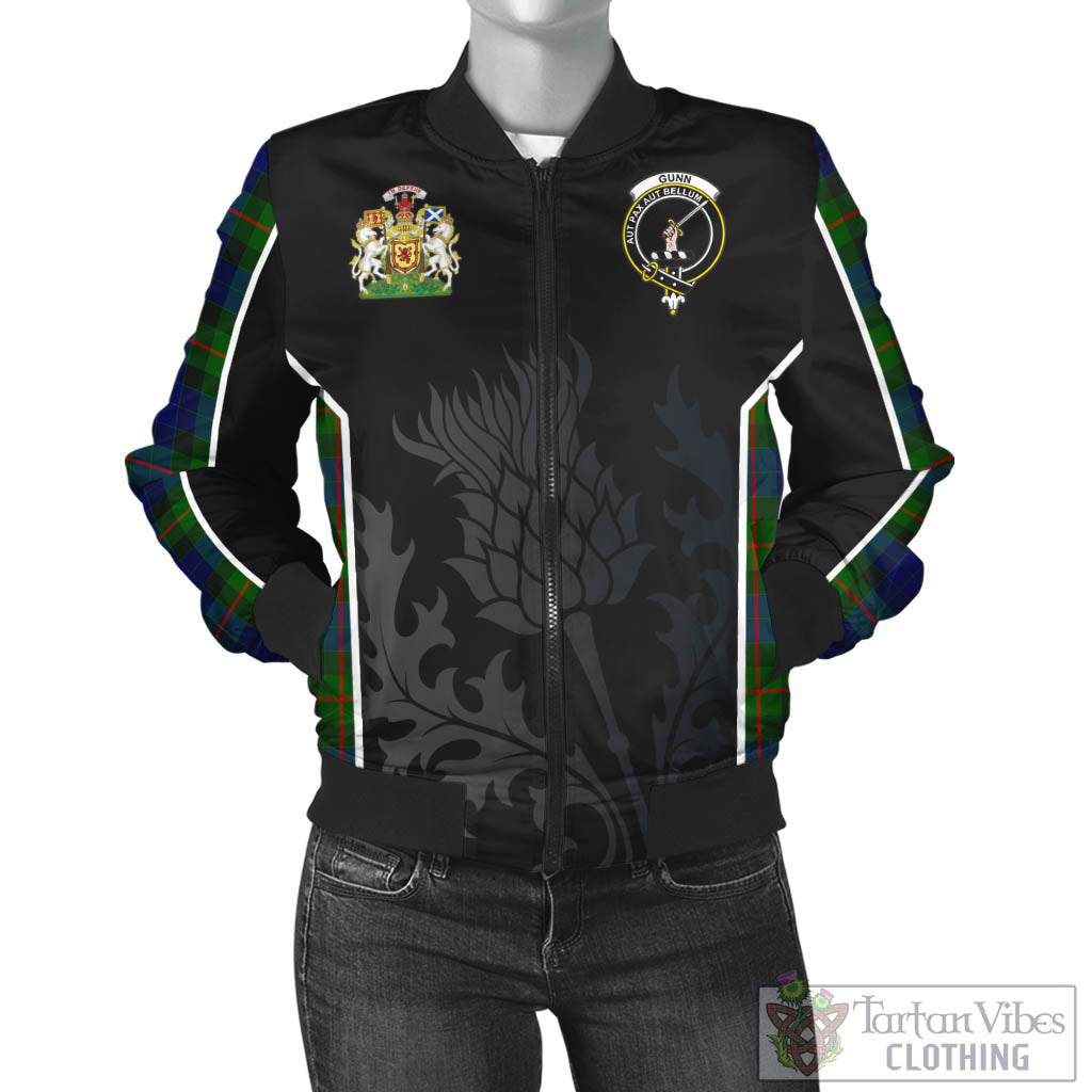 Tartan Vibes Clothing Gunn Modern Tartan Bomber Jacket with Family Crest and Scottish Thistle Vibes Sport Style