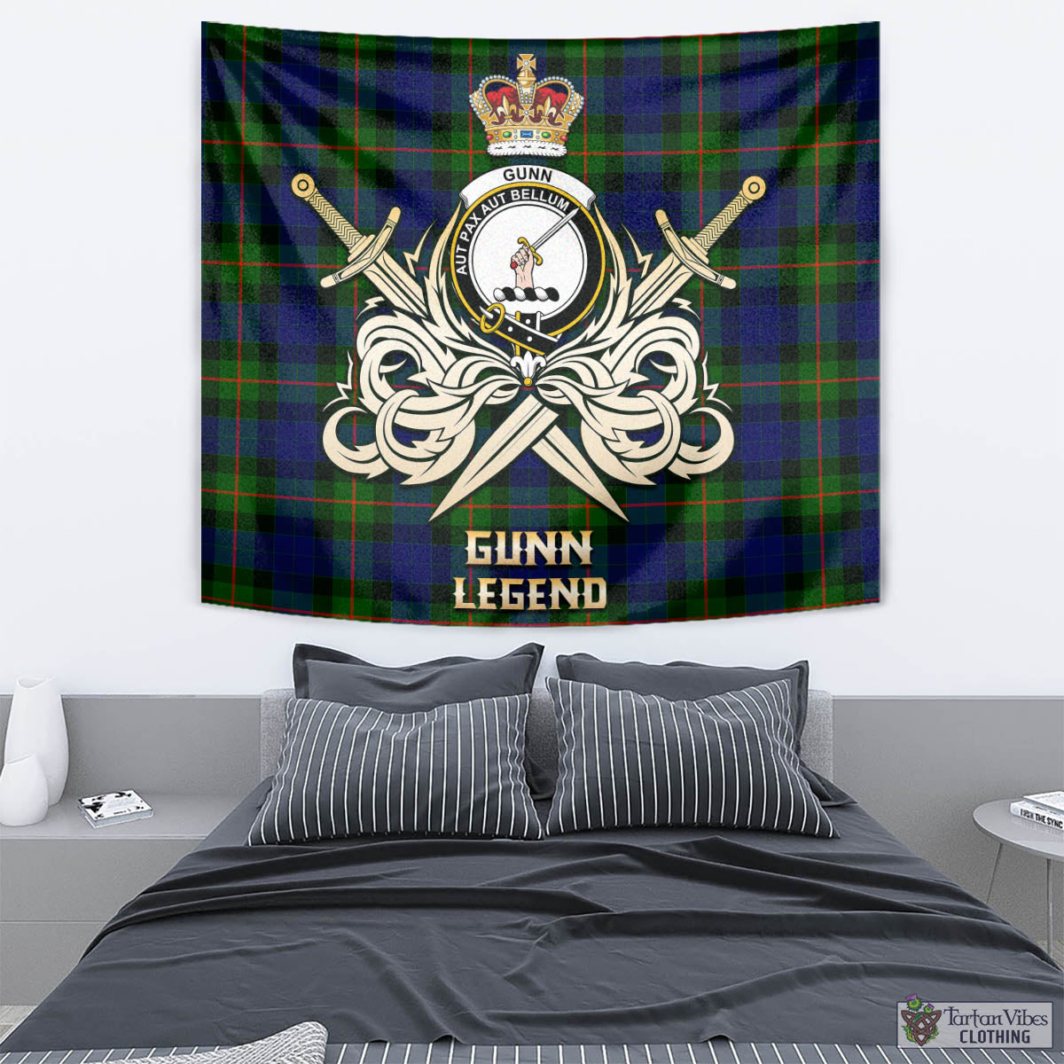 Tartan Vibes Clothing Gunn Modern Tartan Tapestry with Clan Crest and the Golden Sword of Courageous Legacy