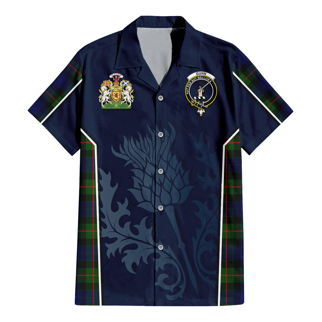 Tartan Vibes Clothing Gunn Modern Tartan Short Sleeve Button Up Shirt with Family Crest and Scottish Thistle Vibes Sport Style