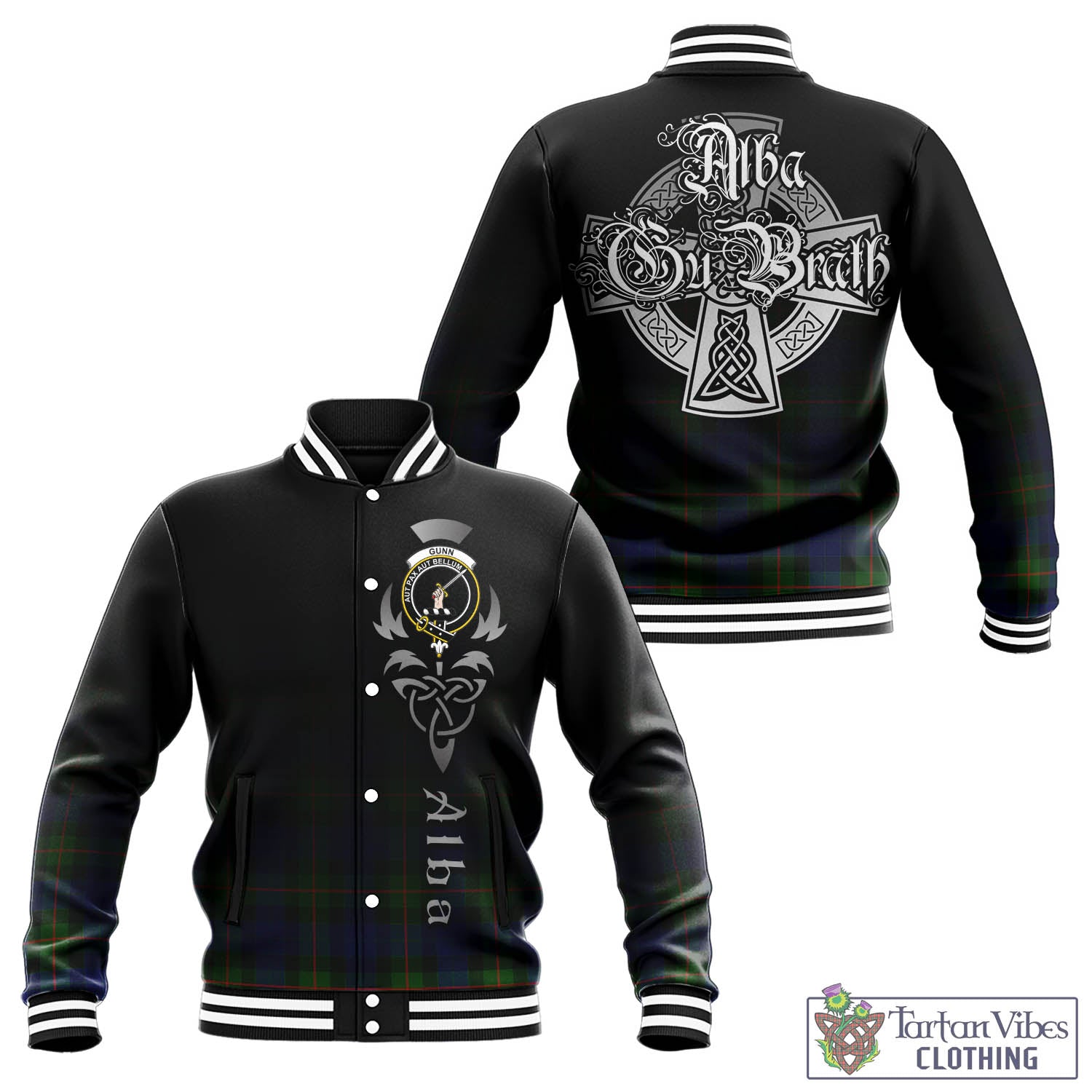 Tartan Vibes Clothing Gunn Modern Tartan Baseball Jacket Featuring Alba Gu Brath Family Crest Celtic Inspired