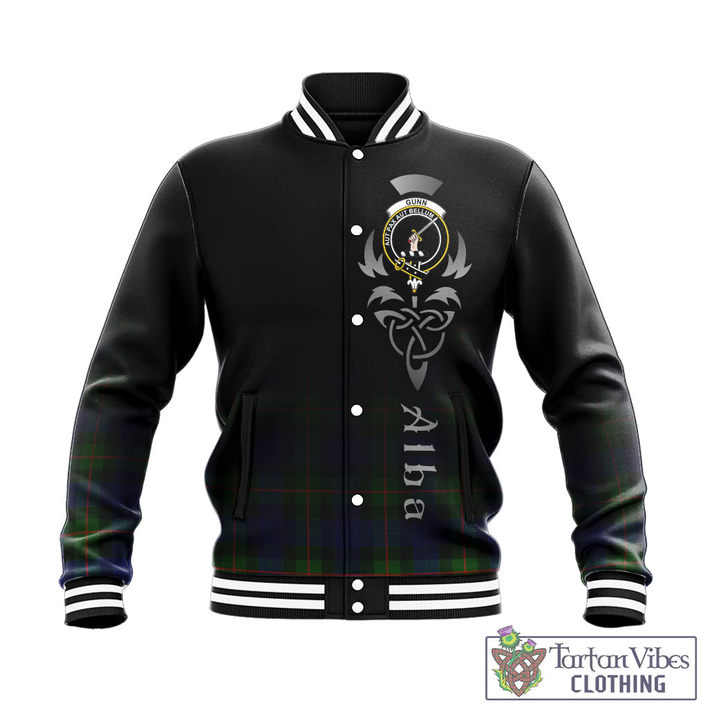 Tartan Vibes Clothing Gunn Modern Tartan Baseball Jacket Featuring Alba Gu Brath Family Crest Celtic Inspired