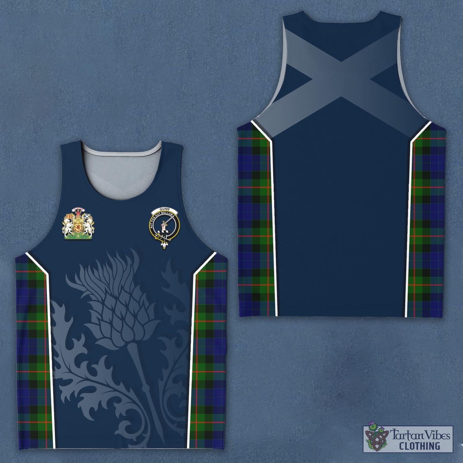 Tartan Vibes Clothing Gunn Modern Tartan Men's Tanks Top with Family Crest and Scottish Thistle Vibes Sport Style