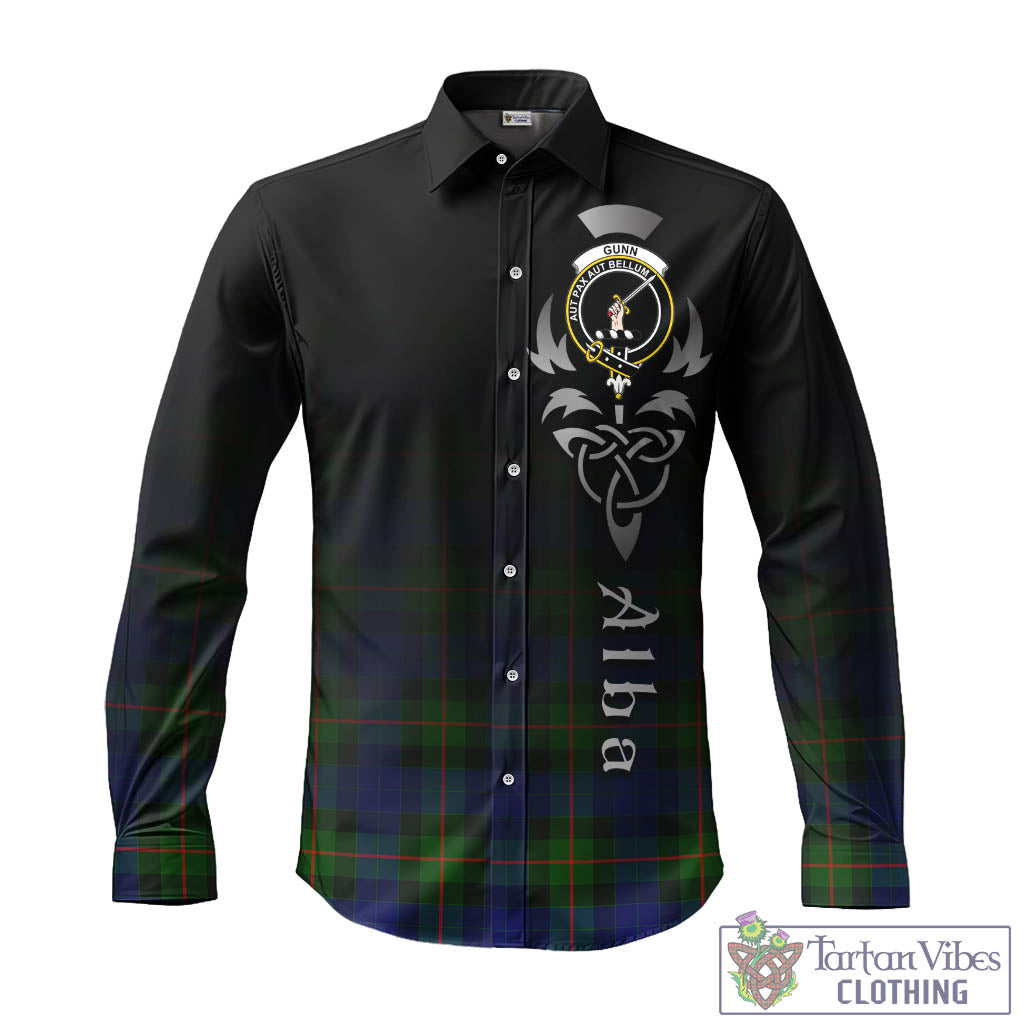 Tartan Vibes Clothing Gunn Modern Tartan Long Sleeve Button Up Featuring Alba Gu Brath Family Crest Celtic Inspired