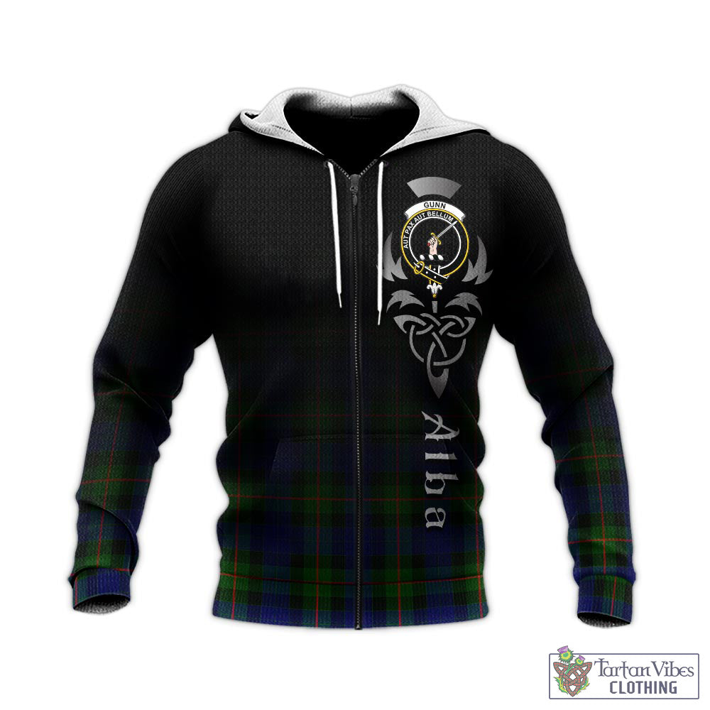 Tartan Vibes Clothing Gunn Modern Tartan Knitted Hoodie Featuring Alba Gu Brath Family Crest Celtic Inspired