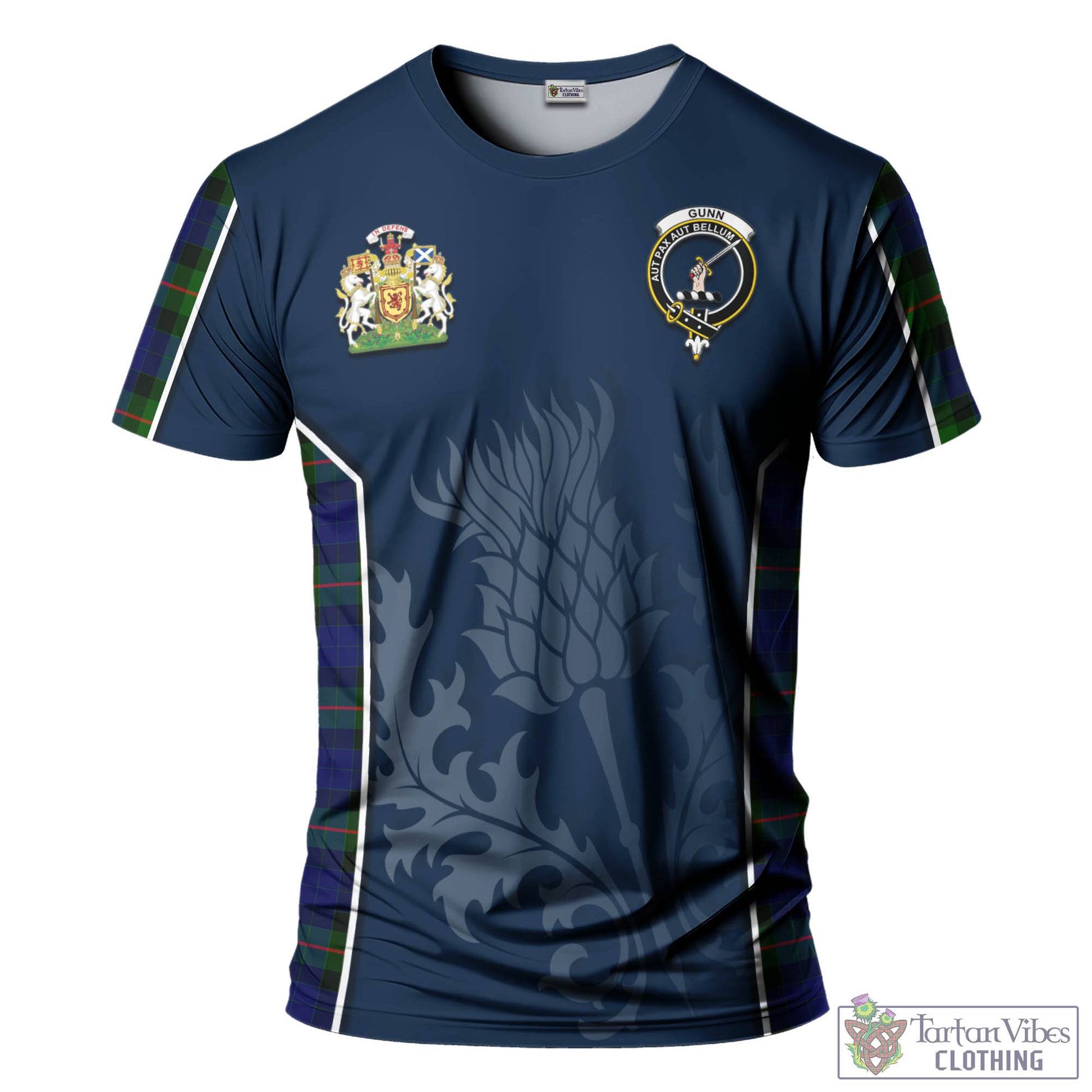 Tartan Vibes Clothing Gunn Modern Tartan T-Shirt with Family Crest and Scottish Thistle Vibes Sport Style