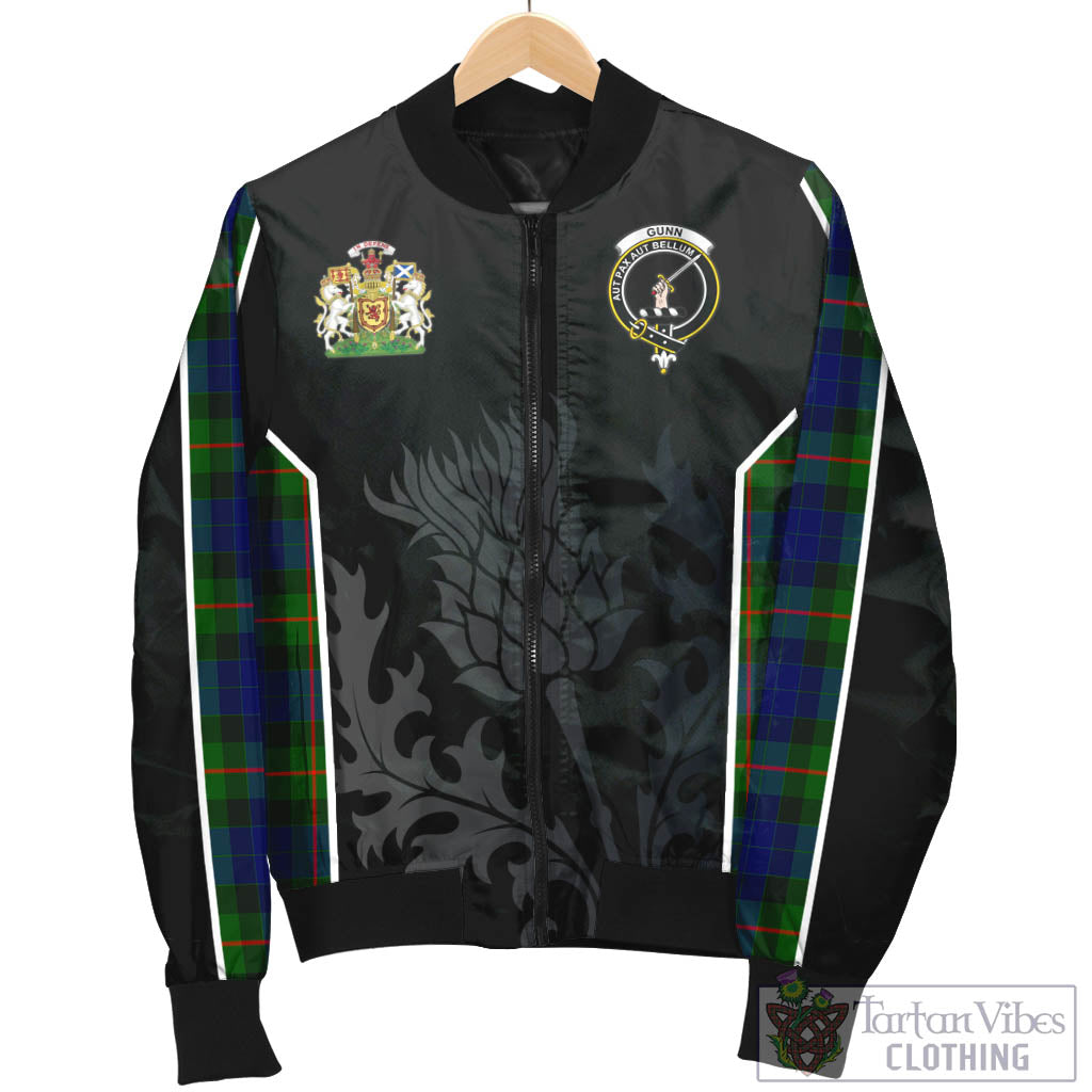 Tartan Vibes Clothing Gunn Modern Tartan Bomber Jacket with Family Crest and Scottish Thistle Vibes Sport Style