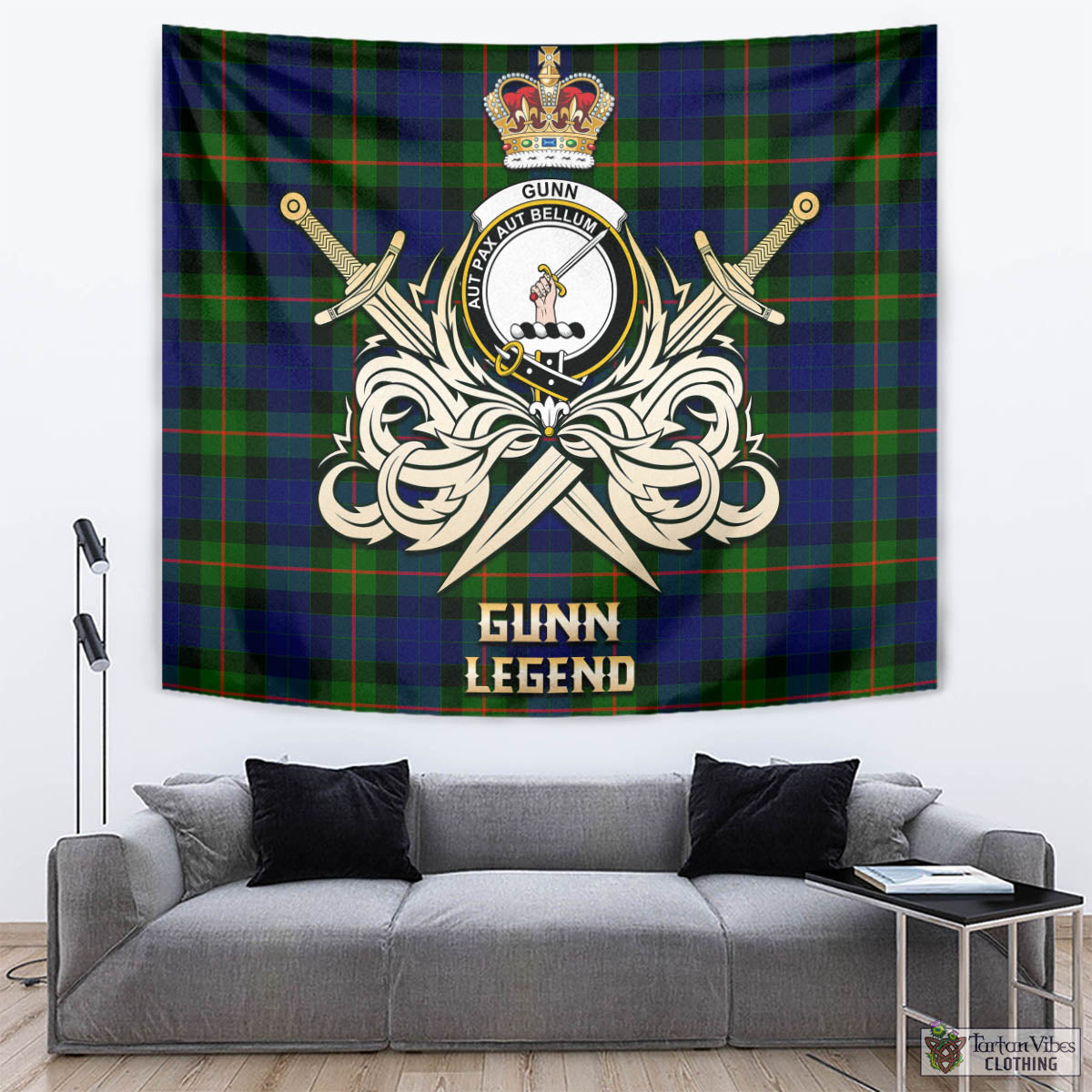 Tartan Vibes Clothing Gunn Modern Tartan Tapestry with Clan Crest and the Golden Sword of Courageous Legacy