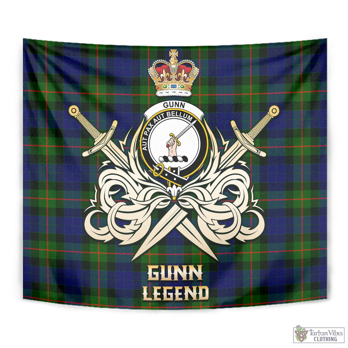 Tartan Vibes Clothing Gunn Modern Tartan Tapestry with Clan Crest and the Golden Sword of Courageous Legacy