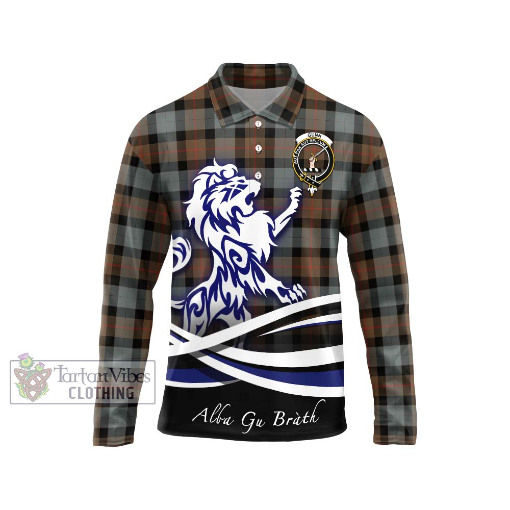 Gunn Weathered Tartan Long Sleeve Polo Shirt with Alba Gu Brath Regal Lion Emblem Unisex - Tartanvibesclothing Shop