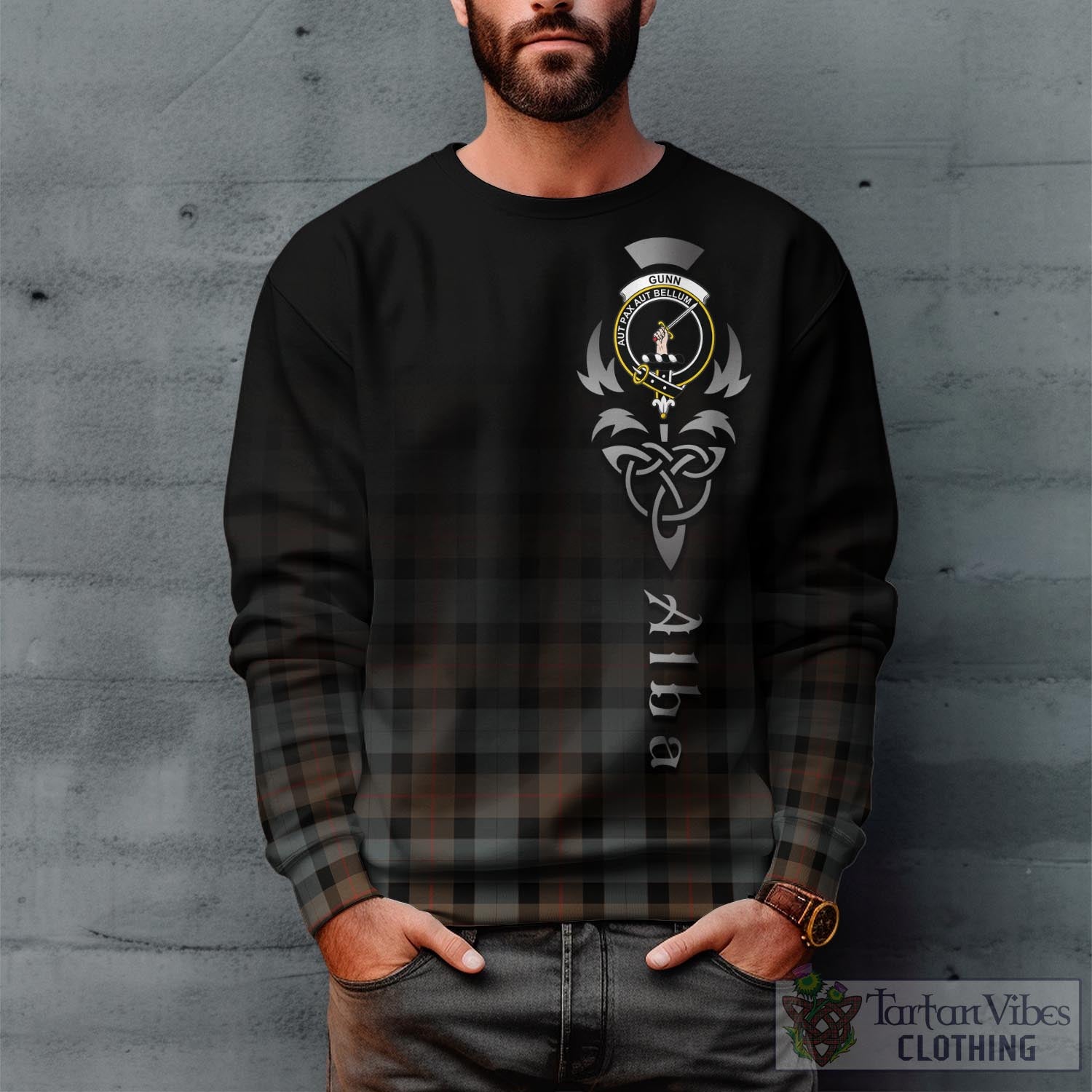 Tartan Vibes Clothing Gunn Weathered Tartan Sweatshirt Featuring Alba Gu Brath Family Crest Celtic Inspired