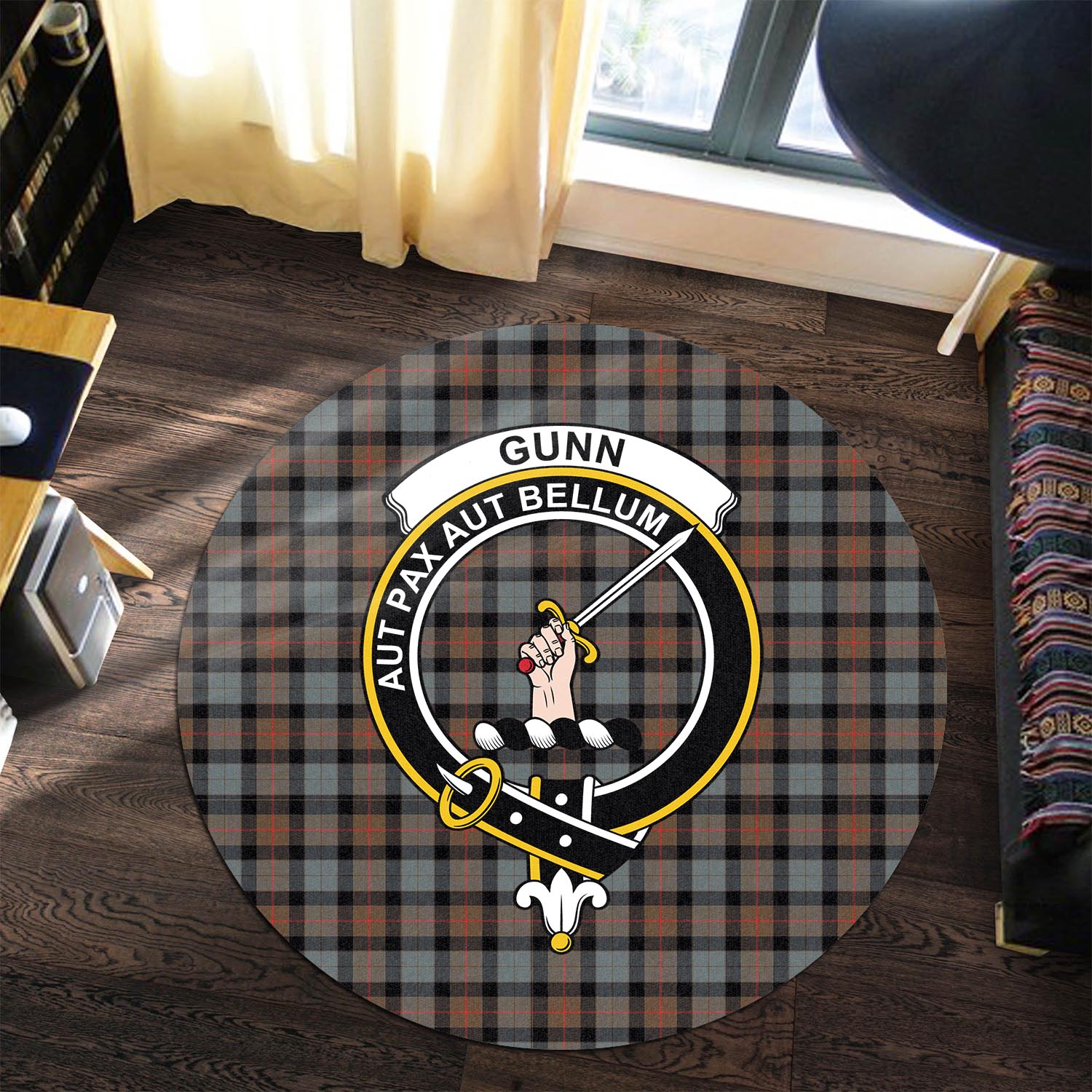 gunn-weathered-tartan-round-rug-with-family-crest