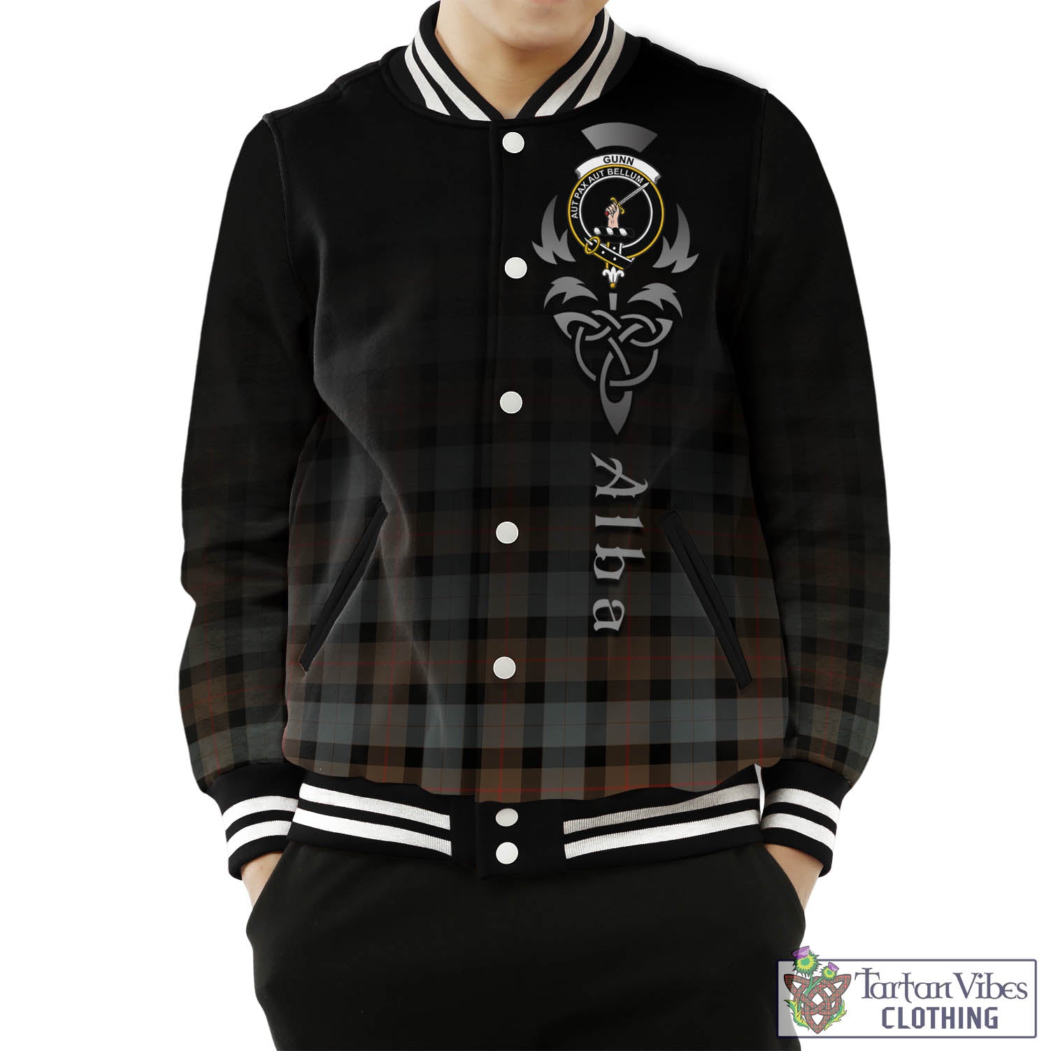 Tartan Vibes Clothing Gunn Weathered Tartan Baseball Jacket Featuring Alba Gu Brath Family Crest Celtic Inspired