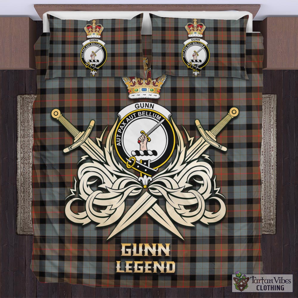 Tartan Vibes Clothing Gunn Weathered Tartan Bedding Set with Clan Crest and the Golden Sword of Courageous Legacy