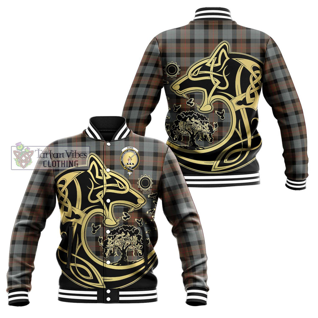 Gunn Weathered Tartan Baseball Jacket with Family Crest Celtic Wolf Style Unisex - Tartan Vibes Clothing