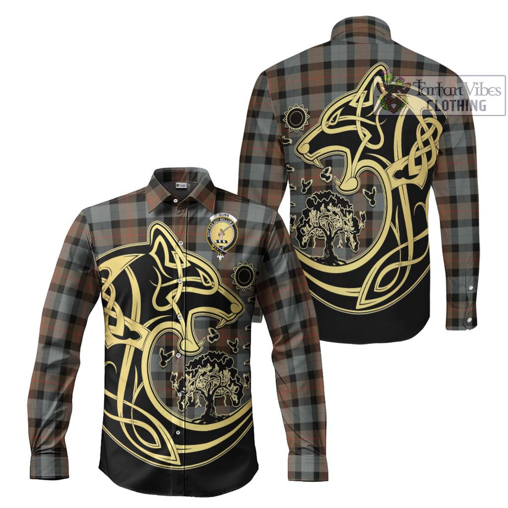 Gunn Weathered Tartan Long Sleeve Button Shirt with Family Crest Celtic Wolf Style Men's Shirt S - Tartan Vibes Clothing