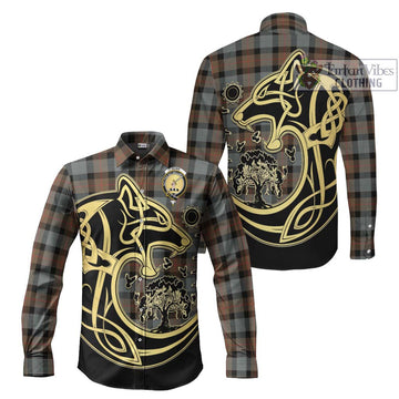 Gunn Weathered Tartan Long Sleeve Button Shirt with Family Crest Celtic Wolf Style