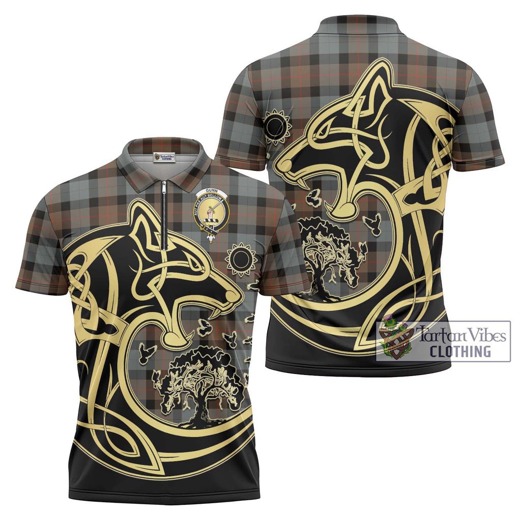 Gunn Weathered Tartan Zipper Polo Shirt with Family Crest Celtic Wolf Style Unisex - Tartanvibesclothing Shop