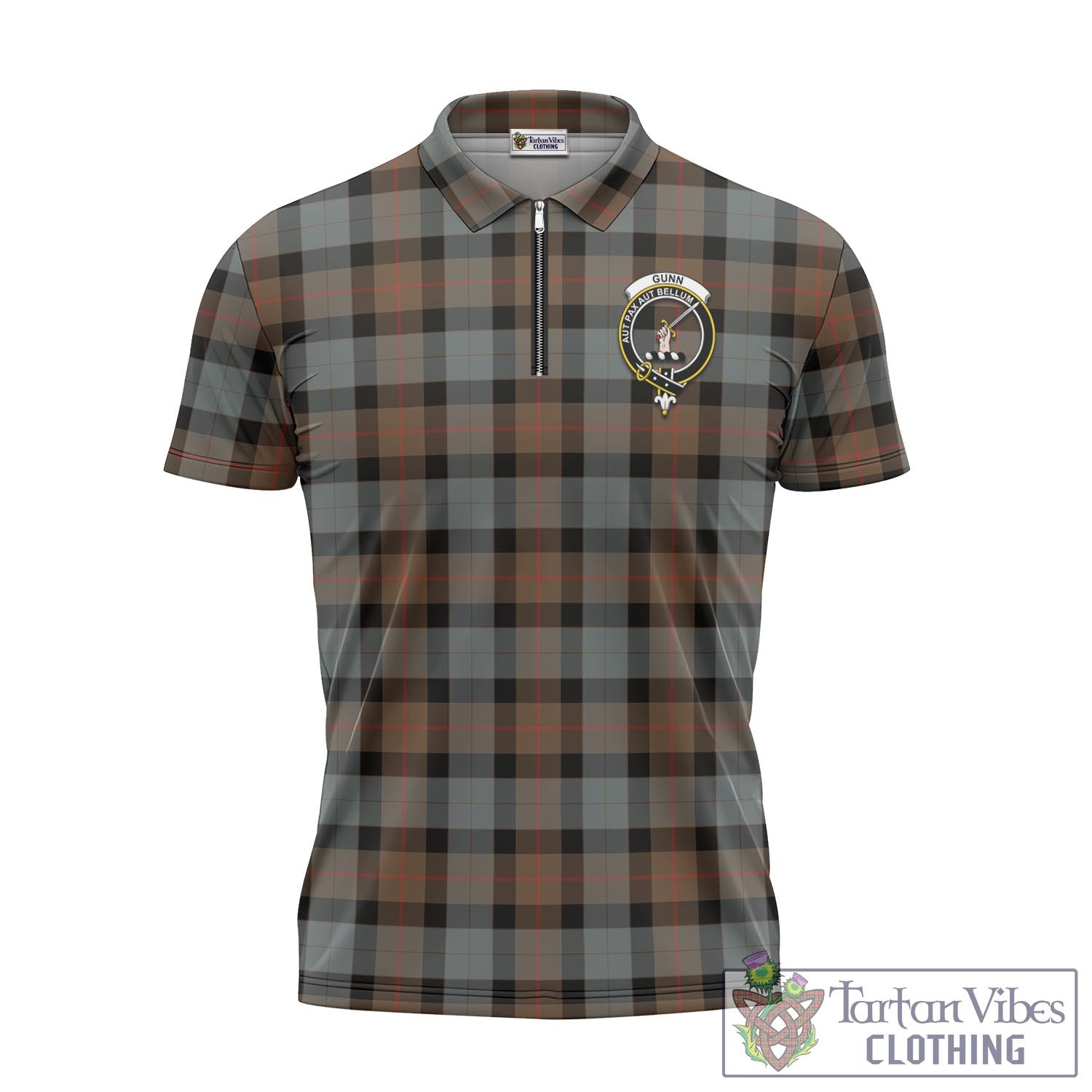 Tartan Vibes Clothing Gunn Weathered Tartan Zipper Polo Shirt with Family Crest