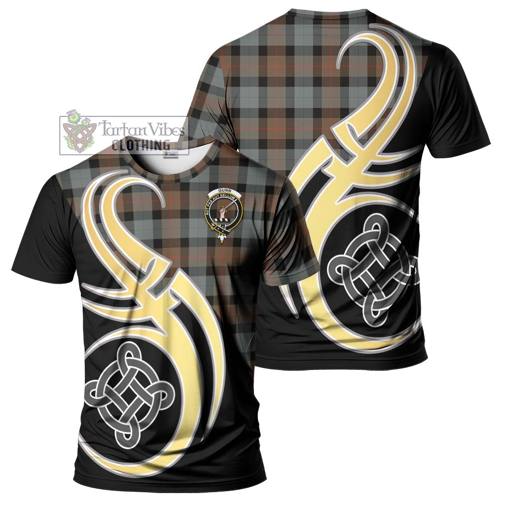 Tartan Vibes Clothing Gunn Weathered Tartan T-Shirt with Family Crest and Celtic Symbol Style