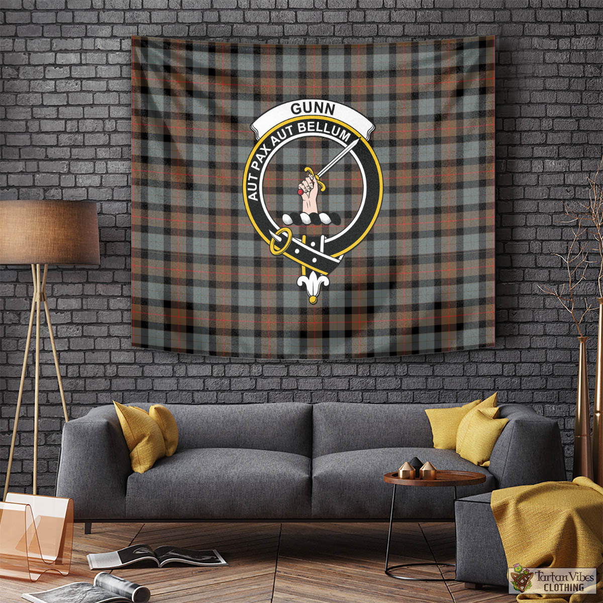 Tartan Vibes Clothing Gunn Weathered Tartan Tapestry Wall Hanging and Home Decor for Room with Family Crest