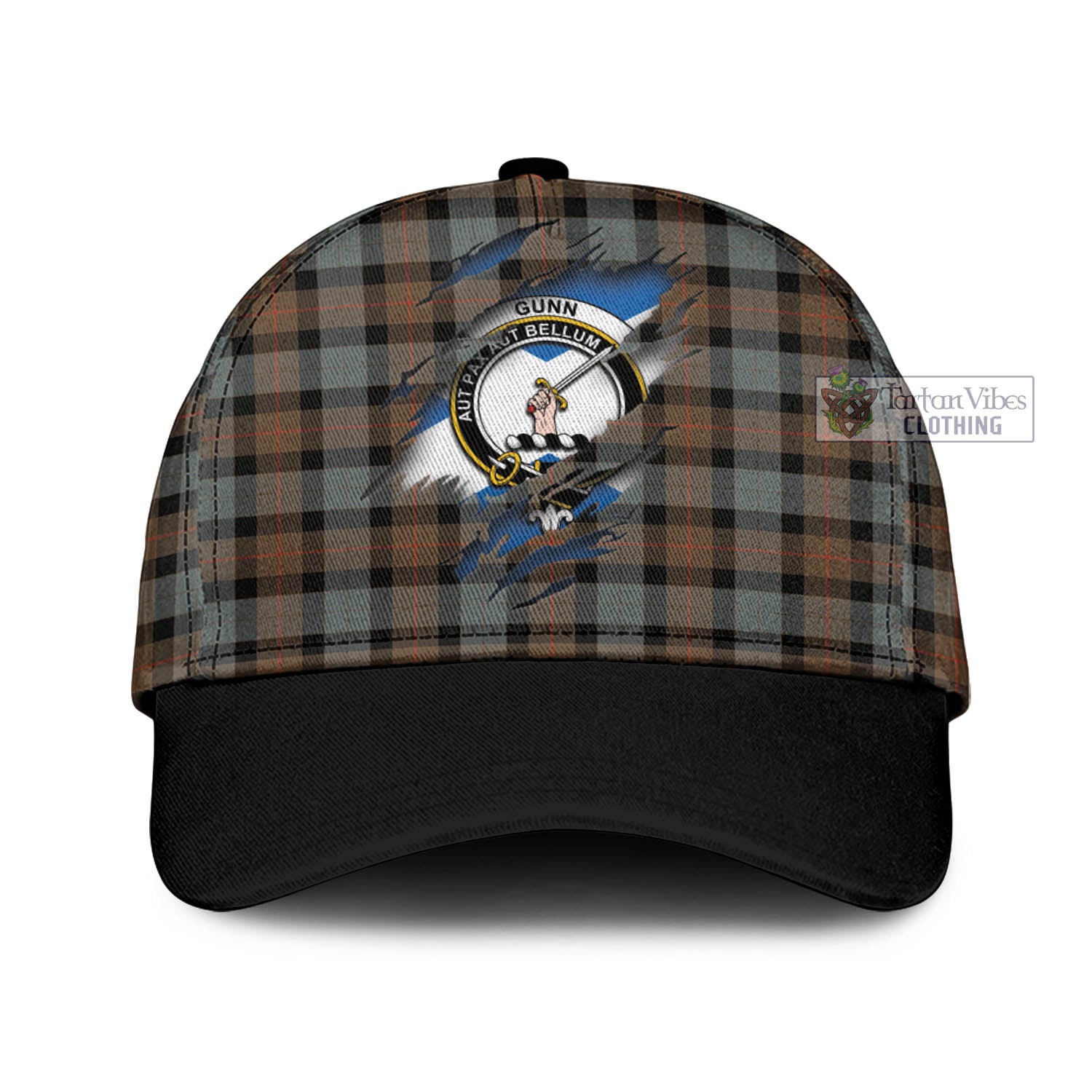 Tartan Vibes Clothing Gunn Weathered Tartan Classic Cap with Family Crest In Me Style