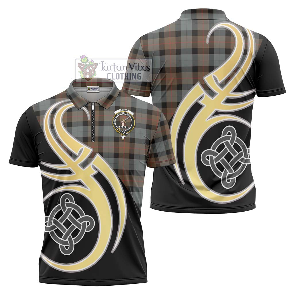 Tartan Vibes Clothing Gunn Weathered Tartan Zipper Polo Shirt with Family Crest and Celtic Symbol Style