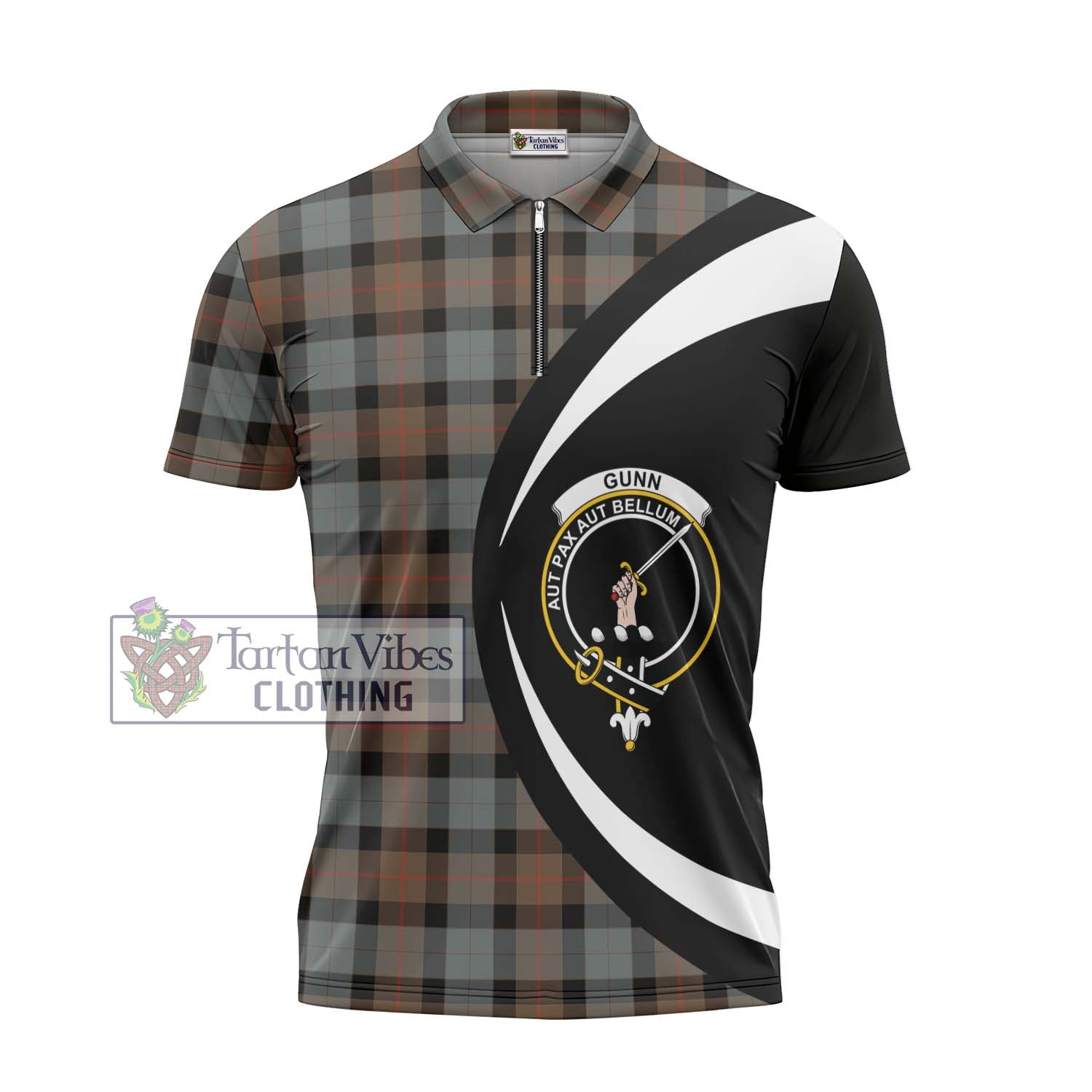 Tartan Vibes Clothing Gunn Weathered Tartan Zipper Polo Shirt with Family Crest Circle Style