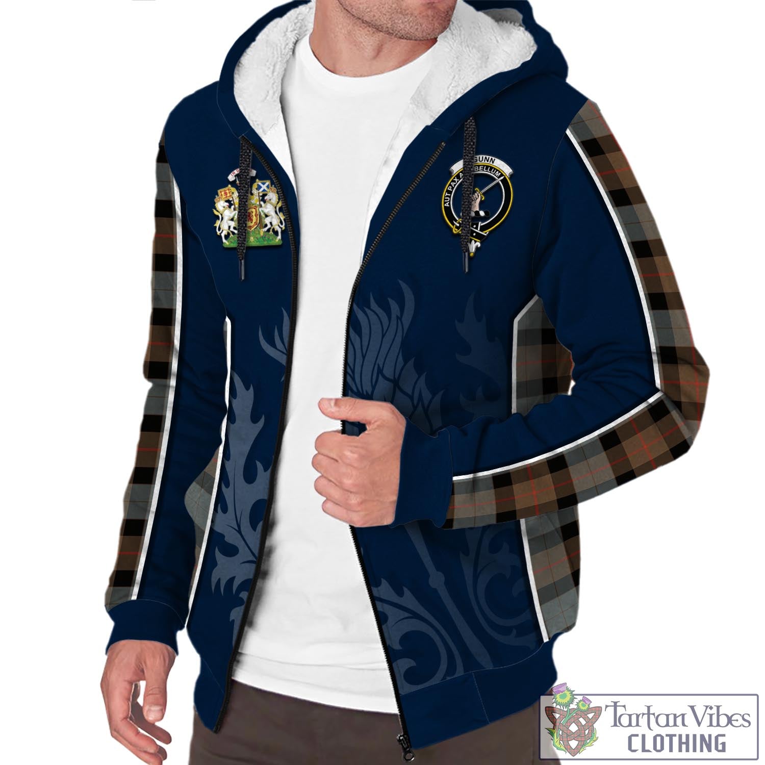 Tartan Vibes Clothing Gunn Weathered Tartan Sherpa Hoodie with Family Crest and Scottish Thistle Vibes Sport Style