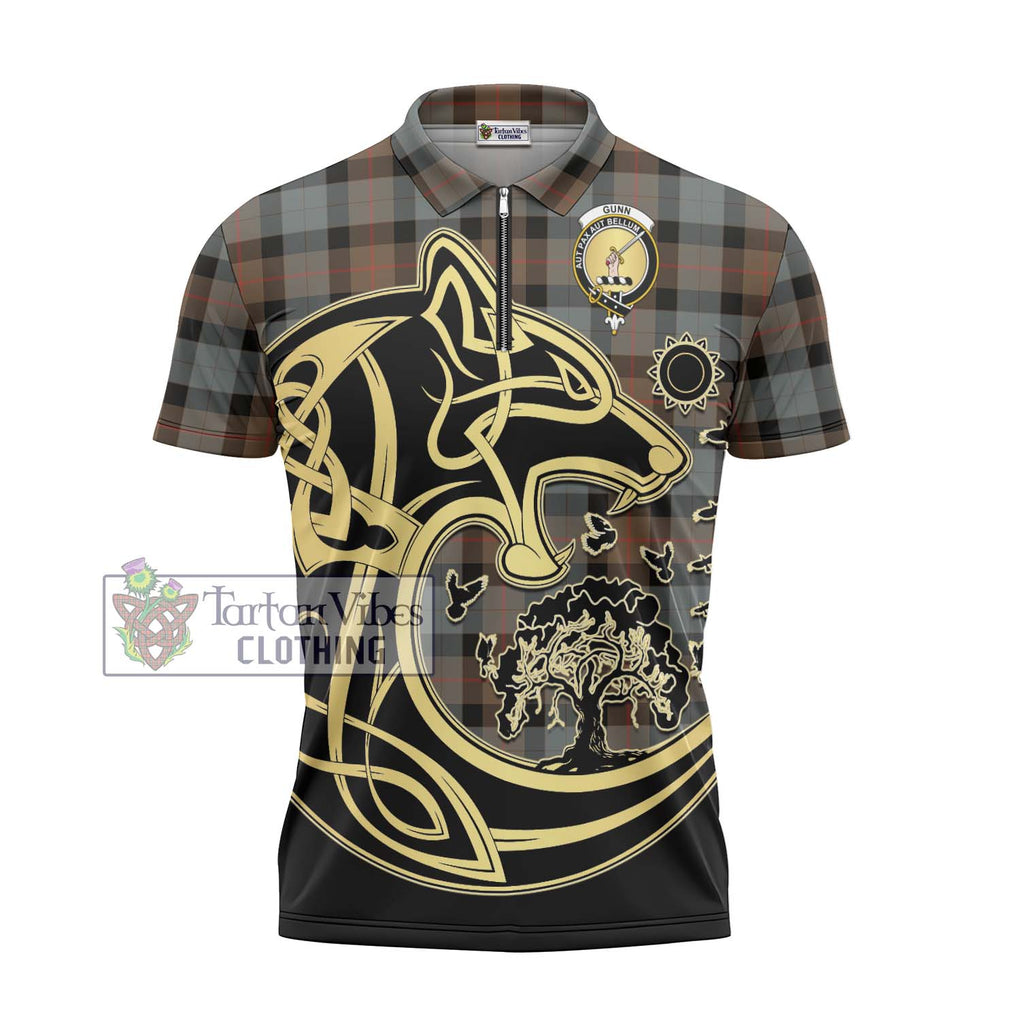 Gunn Weathered Tartan Zipper Polo Shirt with Family Crest Celtic Wolf Style - Tartanvibesclothing Shop