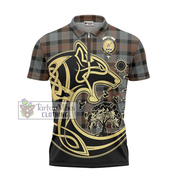 Gunn Weathered Tartan Zipper Polo Shirt with Family Crest Celtic Wolf Style