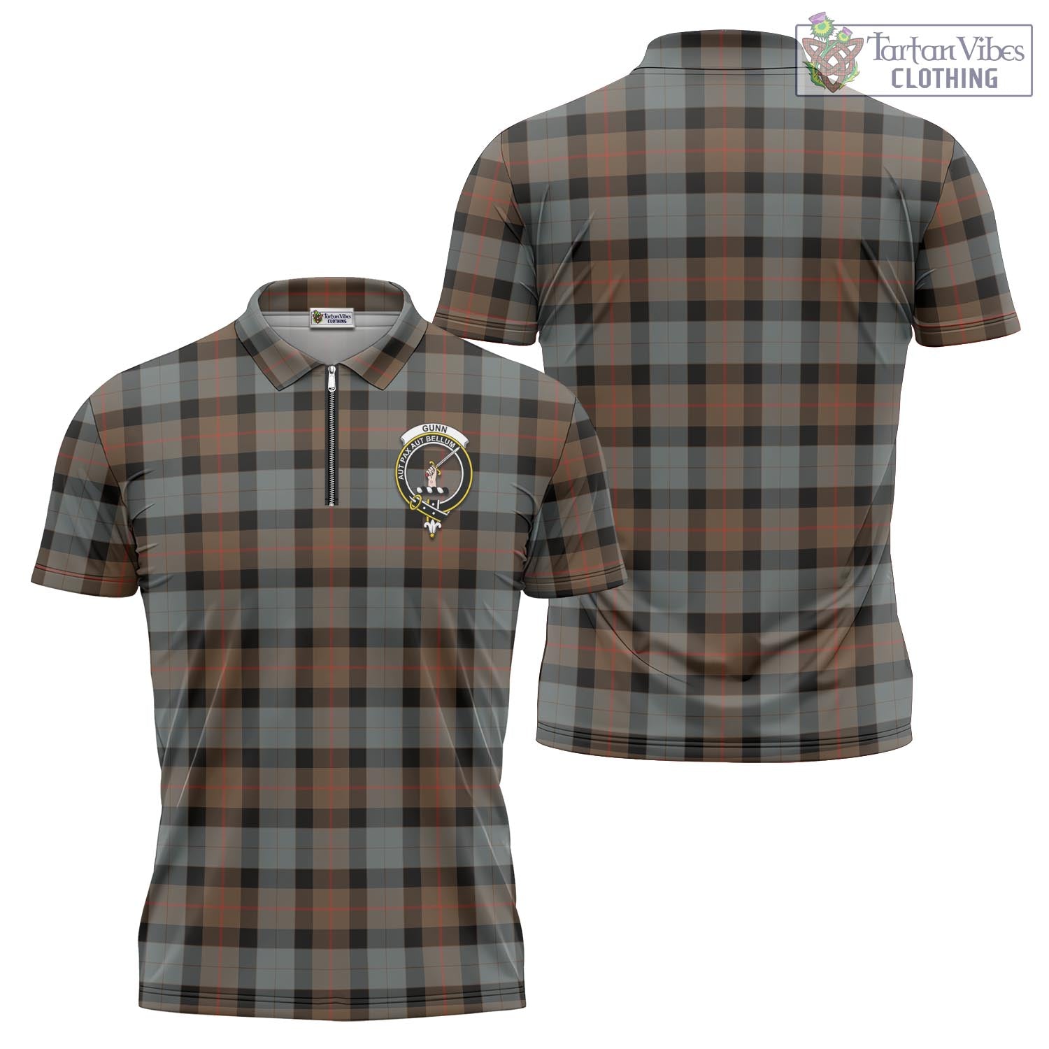 Tartan Vibes Clothing Gunn Weathered Tartan Zipper Polo Shirt with Family Crest