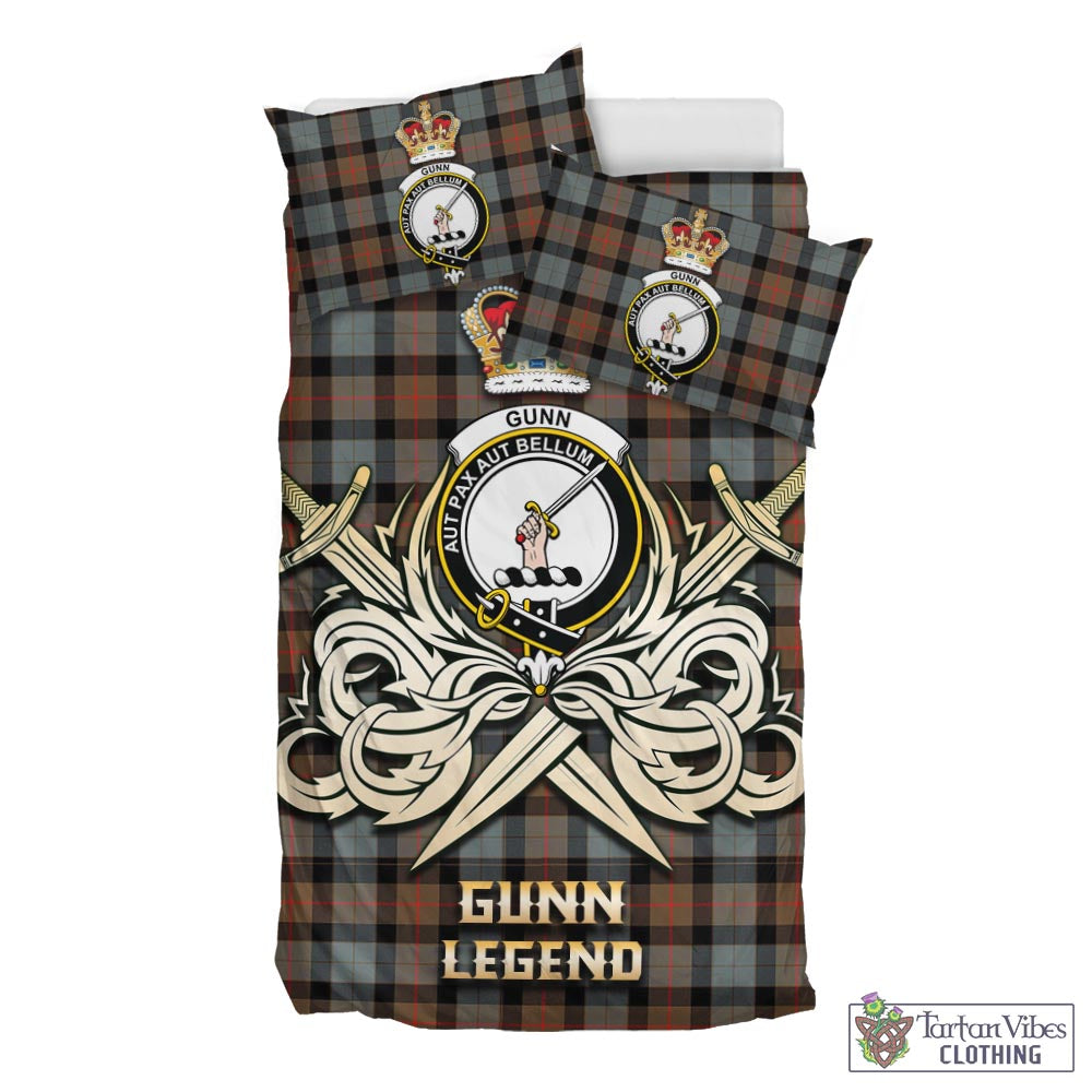 Tartan Vibes Clothing Gunn Weathered Tartan Bedding Set with Clan Crest and the Golden Sword of Courageous Legacy