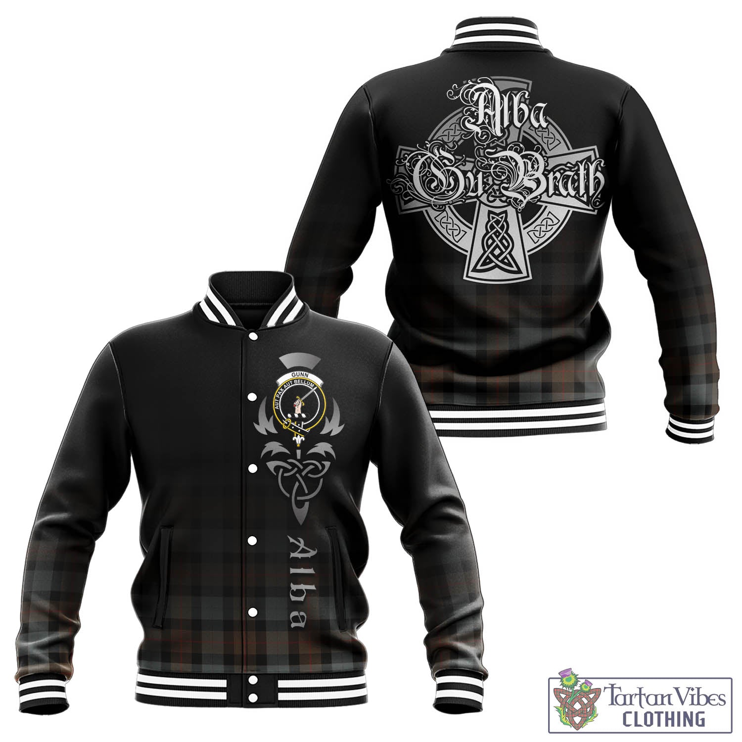 Tartan Vibes Clothing Gunn Weathered Tartan Baseball Jacket Featuring Alba Gu Brath Family Crest Celtic Inspired