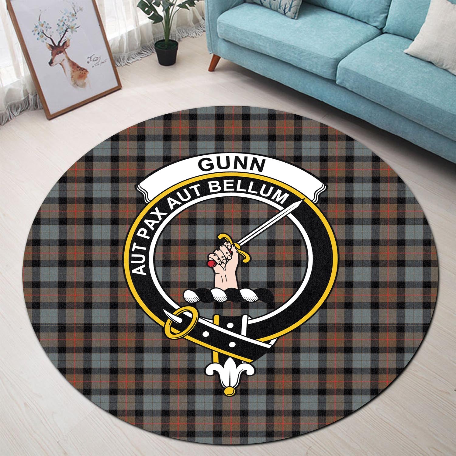 gunn-weathered-tartan-round-rug-with-family-crest