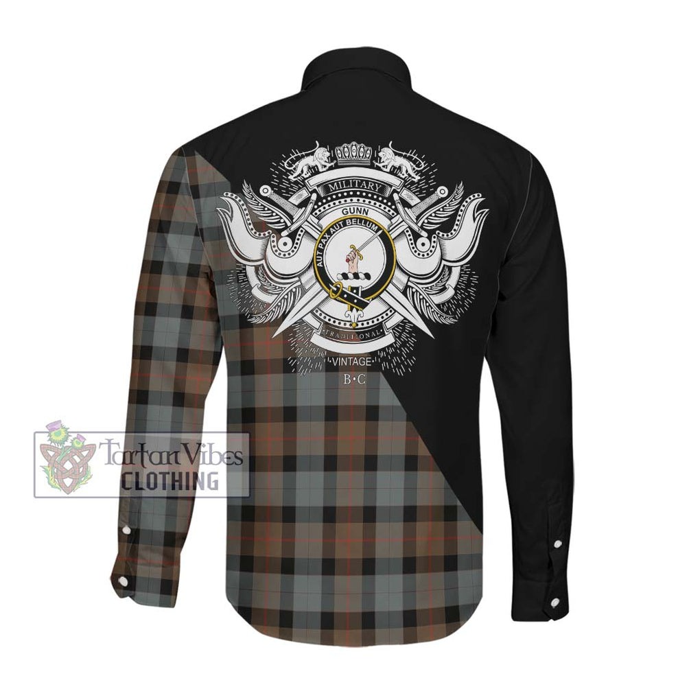 Gunn Weathered Tartan Long Sleeve Button Shirt with Family Crest and Military Logo Style Men's Shirt - Tartanvibesclothing Shop