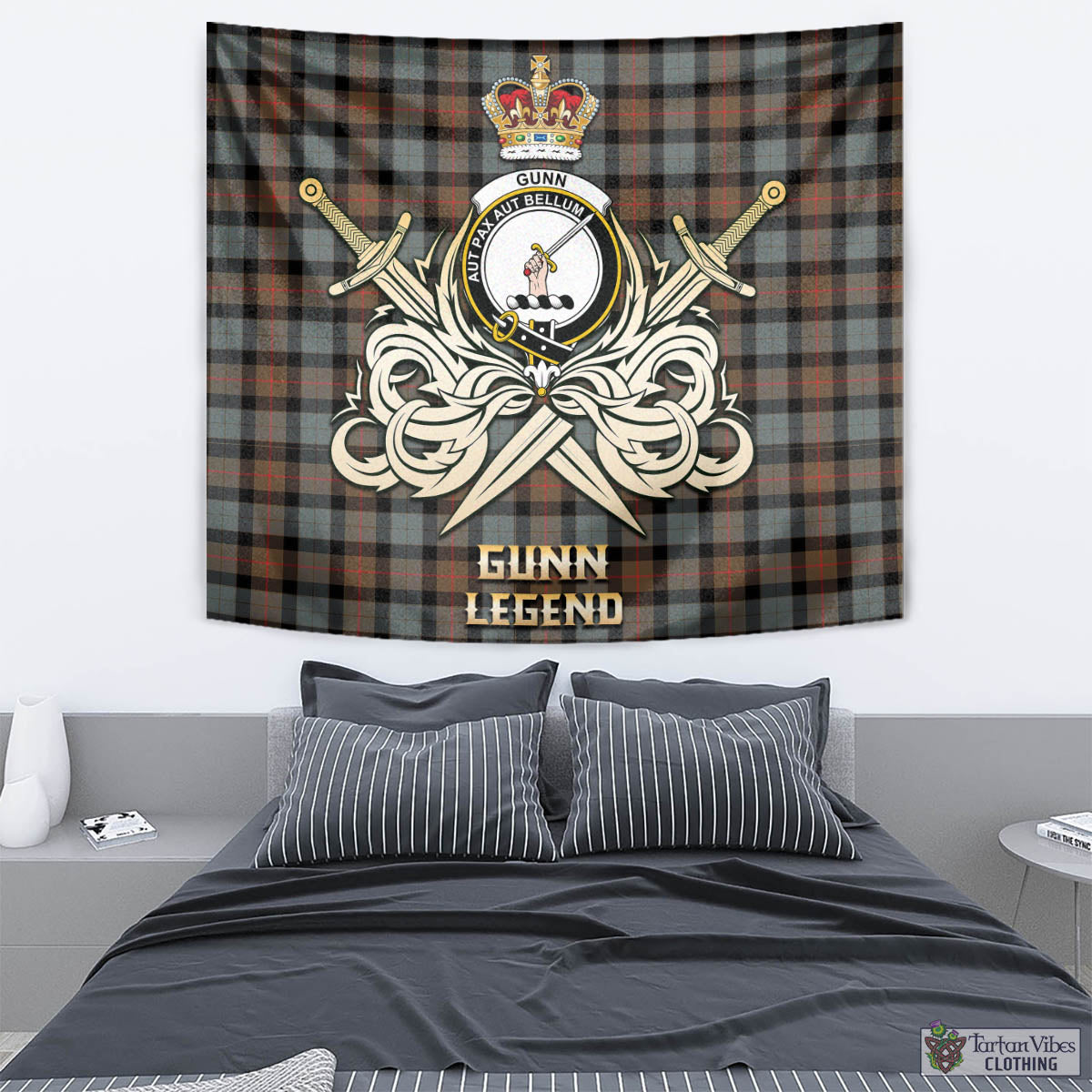 Tartan Vibes Clothing Gunn Weathered Tartan Tapestry with Clan Crest and the Golden Sword of Courageous Legacy