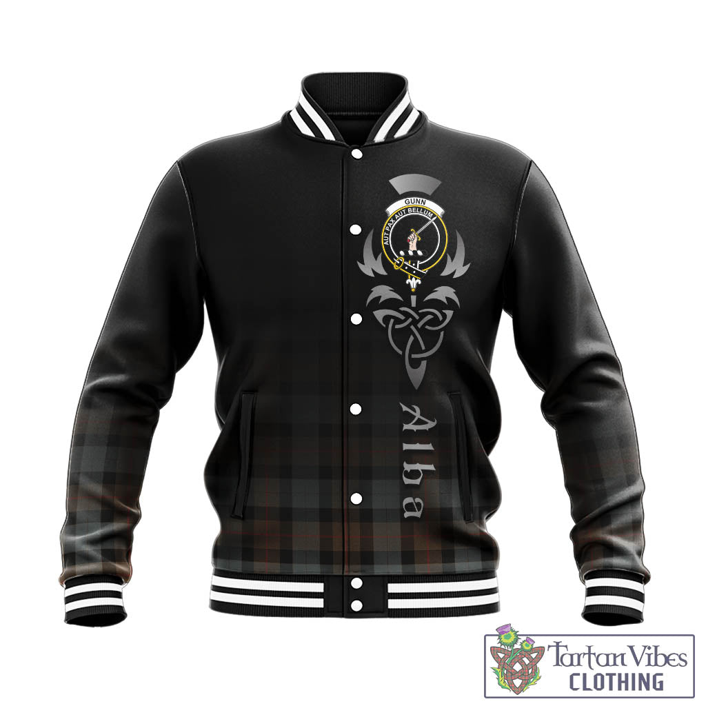 Tartan Vibes Clothing Gunn Weathered Tartan Baseball Jacket Featuring Alba Gu Brath Family Crest Celtic Inspired