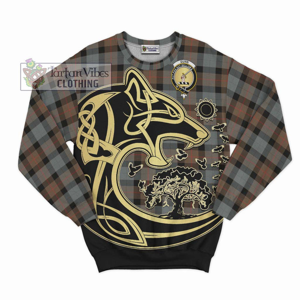 Gunn Weathered Tartan Sweatshirt with Family Crest Celtic Wolf Style - Tartan Vibes Clothing