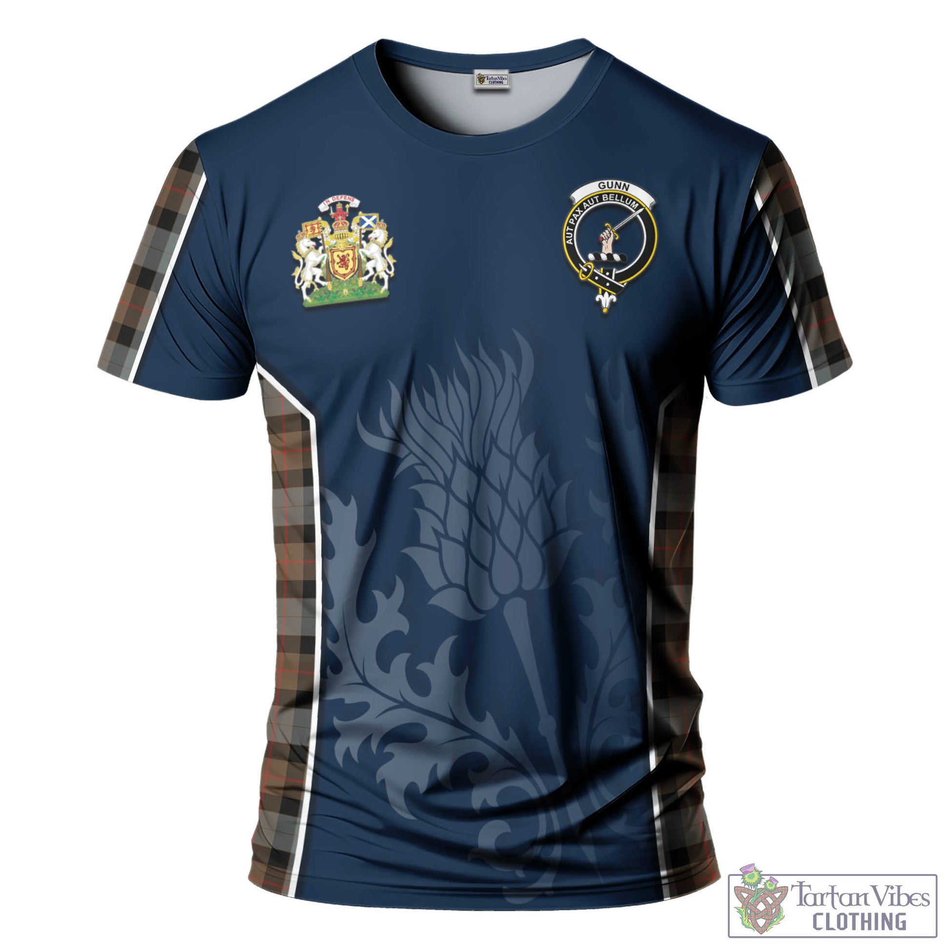 Tartan Vibes Clothing Gunn Weathered Tartan T-Shirt with Family Crest and Scottish Thistle Vibes Sport Style