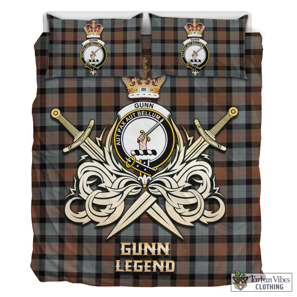 Tartan Vibes Clothing Gunn Weathered Tartan Bedding Set with Clan Crest and the Golden Sword of Courageous Legacy